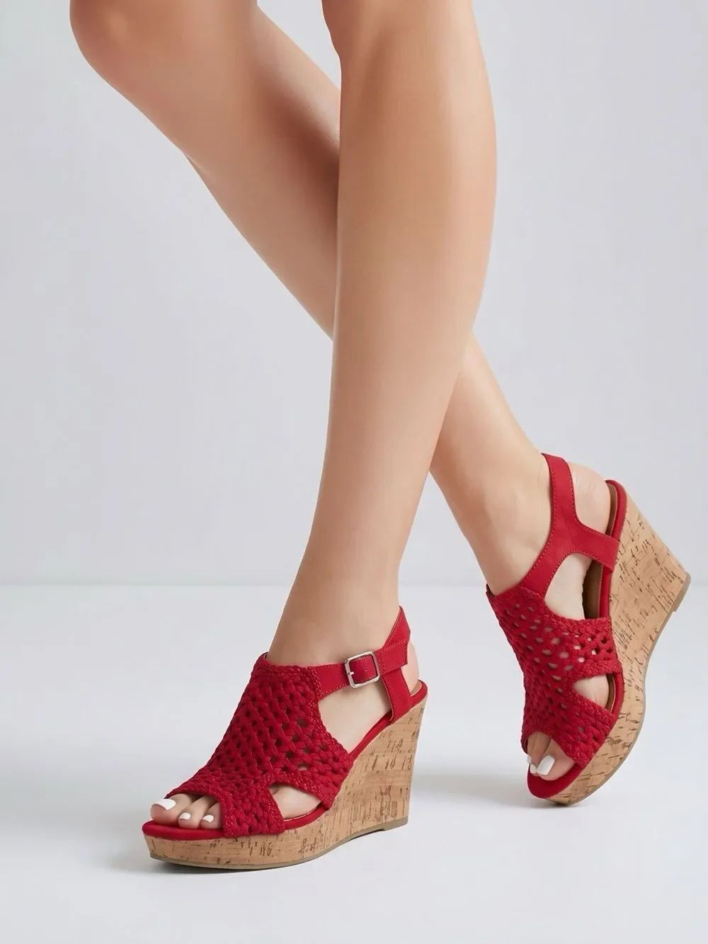 Taffy Red Crochet Slingback Cork Wedge Heels